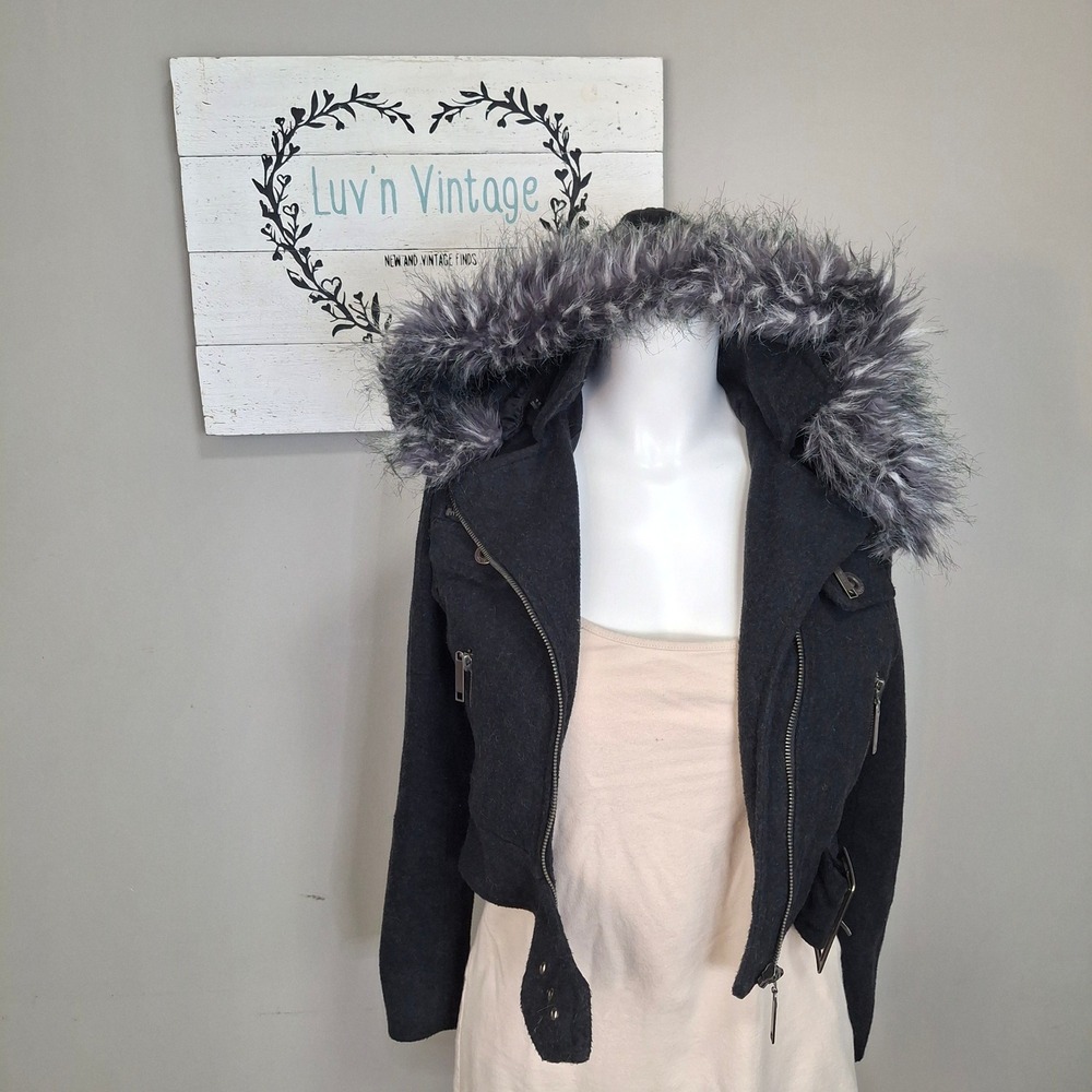JouJou Girls Charcoal Grey Faux Fur Hooded Moto Jacket Size Medium 10 12